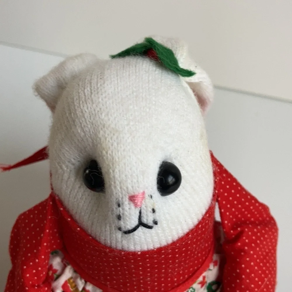 Vintage 80s Christmas sock bunny and baby red dress and Christmas print apron